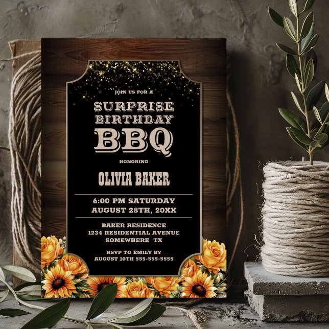 Invitation Bois rustique Floral Surprise Anniversaire BBQ (Créateur téléchargé)