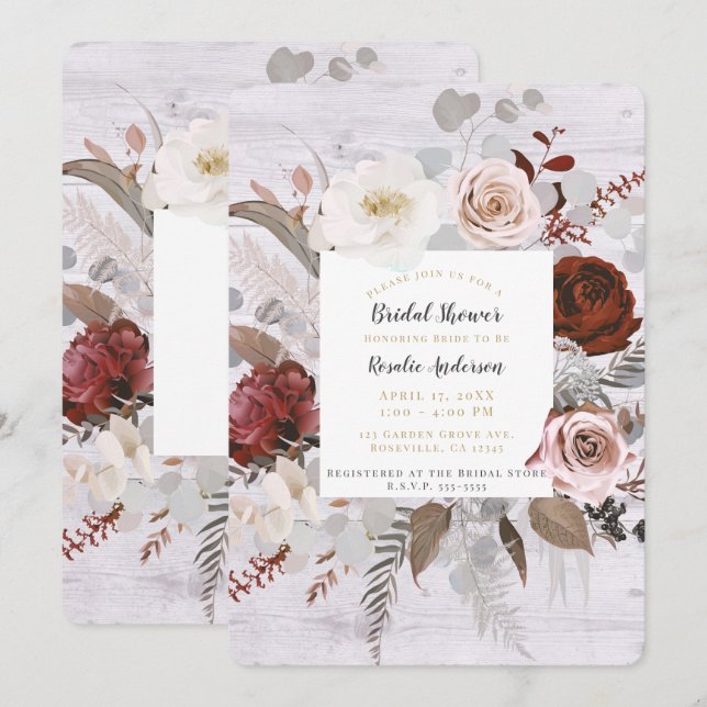 Invitation Bois rustique Flores Blush Gris Fête des mariées (Devant / Derrière)