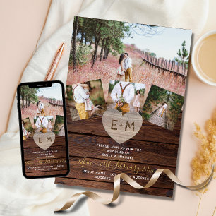 Invitation Bois rustique gravé Coeur Mariages