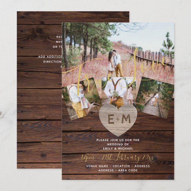 Invitation Bois rustique gravé MARIAGE de la PHOTO Coeur (Devant / Derrière)