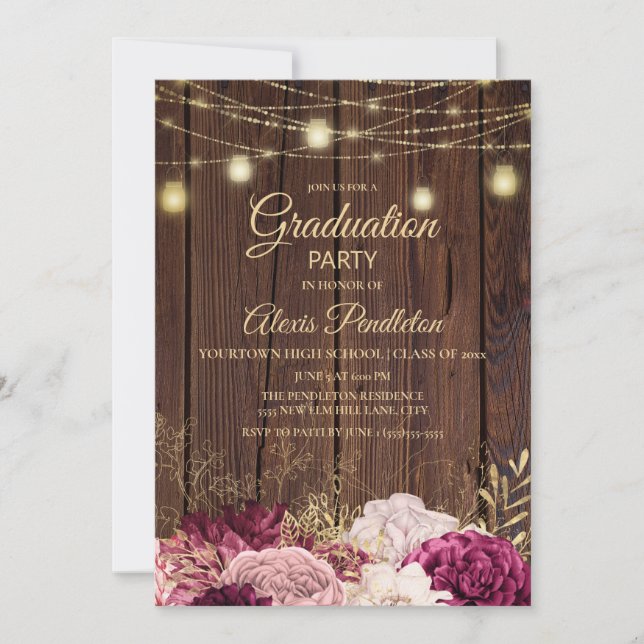 Invitation Bois rustique illumine Bourgogne Rose Floral Gradu (Devant)