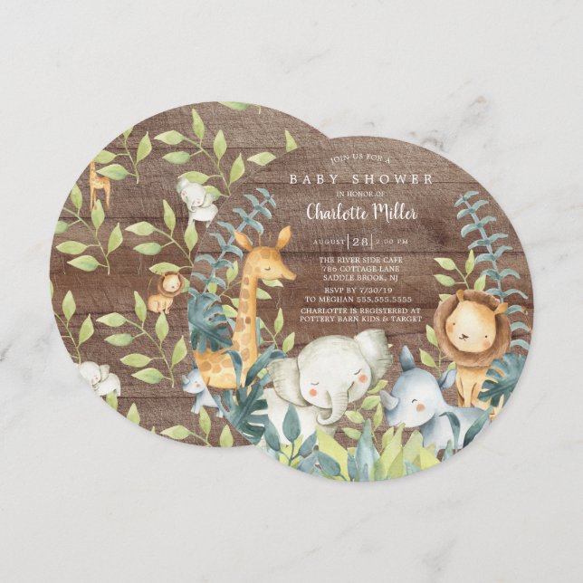 Invitation Bois rustique Jungle Baby shower Animaux (Devant / Derrière)