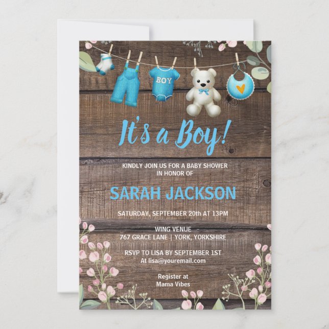 Invitation Bois rustique Lave-linge Floral C’est un Baby show (Devant)