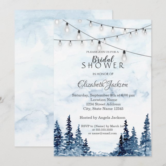 Invitation Bois rustique, Lumières à cordes, Aquarelle (Devant / Derrière)