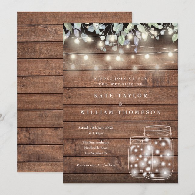 Invitation Bois rustique Lumières à cordes Mariage Mason Jar (Devant / Derrière)