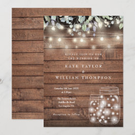 Invitation Bois rustique Lumières à cordes Mariage Mason Jar