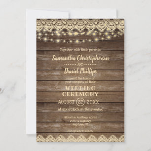 Invitation Bois rustique  Mariage Dentelles et lumières