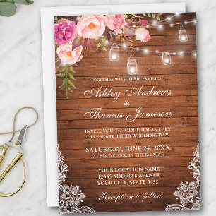 Invitation Bois Rustique Mariage Lumières Jarres dentelle ros