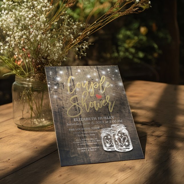 Invitation Bois rustique Mason Jar String Lumières Couple Dou (Créateur téléchargé)