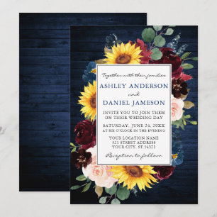 Invitation Bois rustique Mixte Mariage Floral Frame Bleu