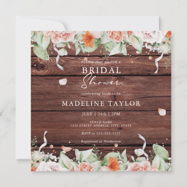 Invitation Bois rustique & Pêche Carré floral Fête des mariée (Devant)