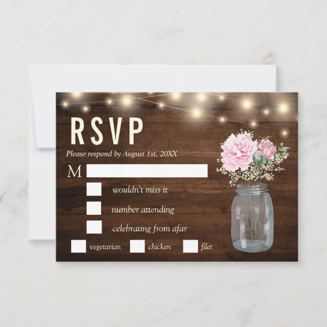 Invitation Bois rustique Peony Floral Mason RSVP Repas (Devant)