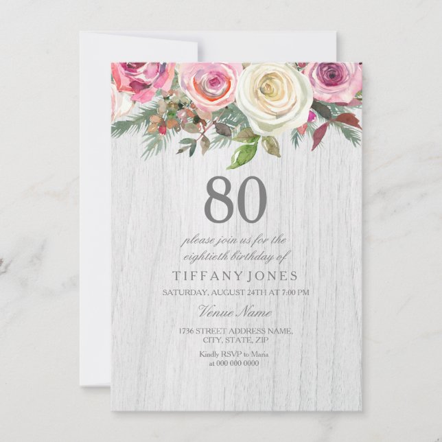 Invitation Bois rustique Rose blanche Floral 80e anniversaire (Devant)