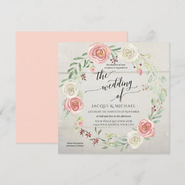 Invitation Bois rustique Rose Foliage Mariage Aquarelle (Devant / Derrière)