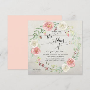 Invitation Bois rustique Rose Foliage Mariage Aquarelle