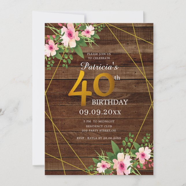 Invitation Bois rustique rose Parties scintillant d'or floral (Devant)