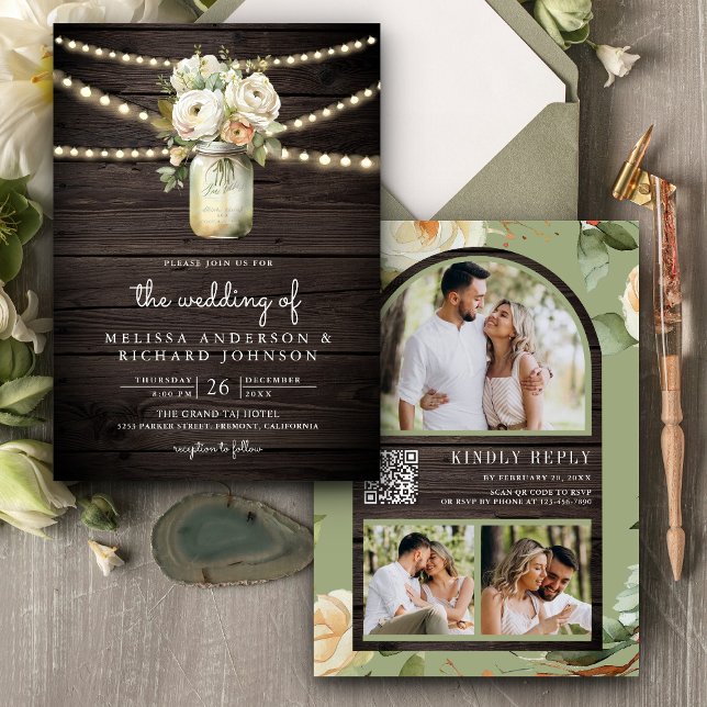 Invitation Bois rustique Roses blanches Mason Jar QR Code Mar (Créateur téléchargé)