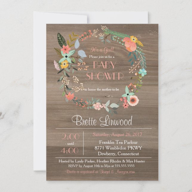 Invitation Bois rustique, Serre Florale Baby shower Chic Shab (Devant)