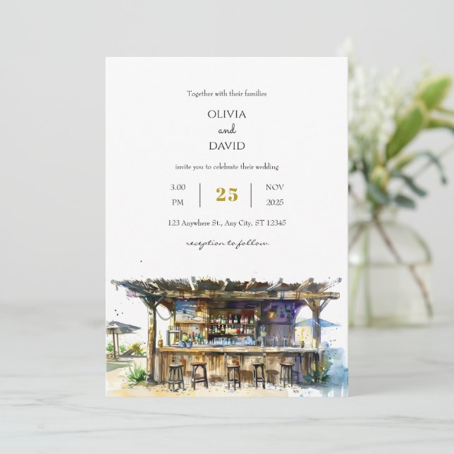 Invitation Bois Rustique Tropical Tiki Bar Plage Mariage (Debout devant)