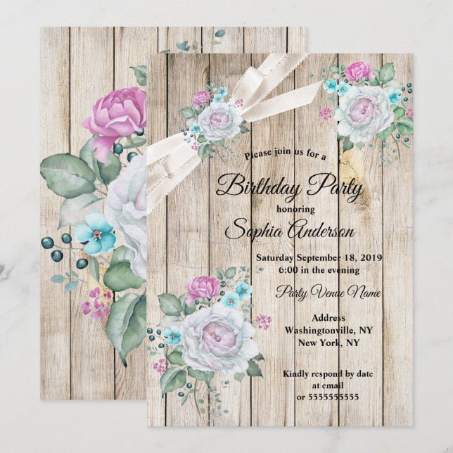 Invitation Bois rustique Turquoise bleu Floral rose fête d'an (Devant / Derrière)