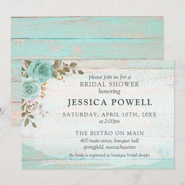 Invitation Bois rustique Turquoise Fête des mariées Florale C (Devant / Derrière)