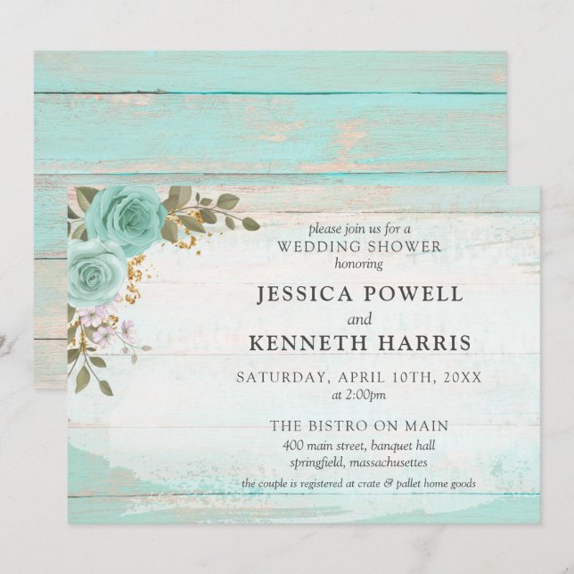 Invitation Bois rustique Turquoise Floral Couple Wedding show (Devant / Derrière)