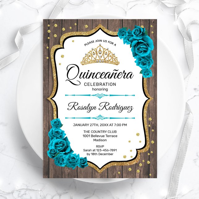 Invitation Bois rustique Turquoise or blanc Quinceanera (Créateur téléchargé)