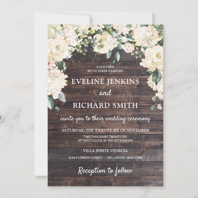 Invitation Bois rustique vert rose blanc fleuri mariage (Devant)