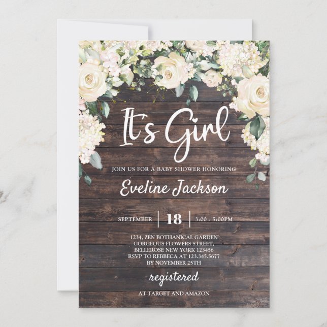 Invitation Bois rustique vert roses blanches c'est une fille  (Devant)