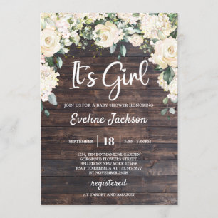 Invitation Bois rustique vert roses blanches c'est une fille