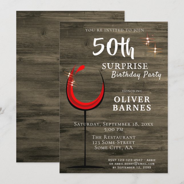 Invitation Bois rustique Vin rouge Surprise 50e fête d'annive (Devant / Derrière)