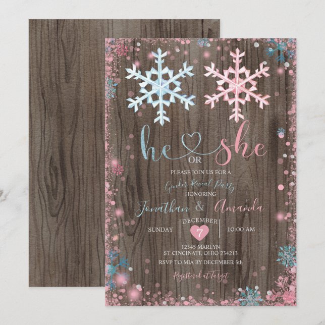 Invitation Bois Sexe Révéler Il ou Elle Snowflakes d'hiver (Devant / Derrière)