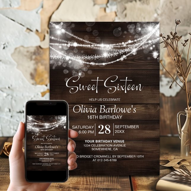 Invitation Bois String Lumières Sweet sixteen fête d'annivers (Créateur téléchargé)