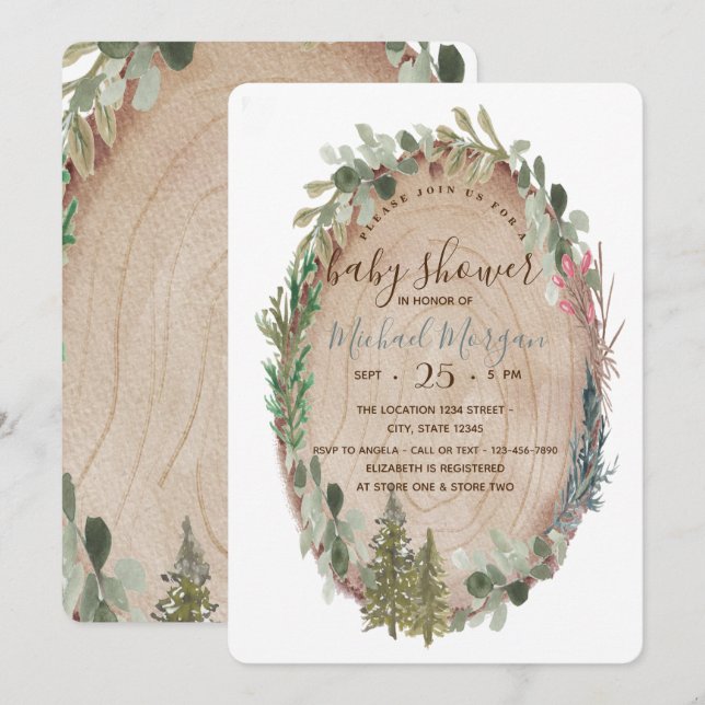 Invitation Bois Texture Pine Arbre Baby shower bois (Devant / Derrière)