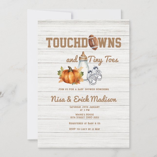 Invitation Bois Touchdown Minuscule orteils Baby shower garço (Devant)