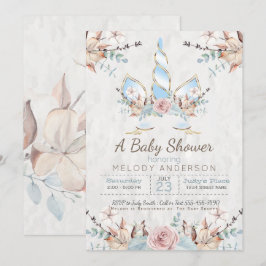 Invitation Bois Unicorne Baby shower bleu