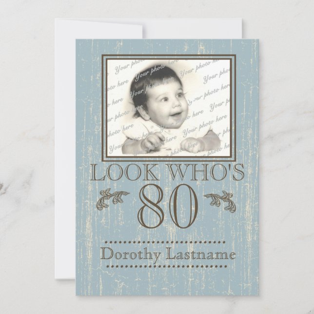 Invitation Bois vieilli 80e anniversaire Photo Bleu (Devant)