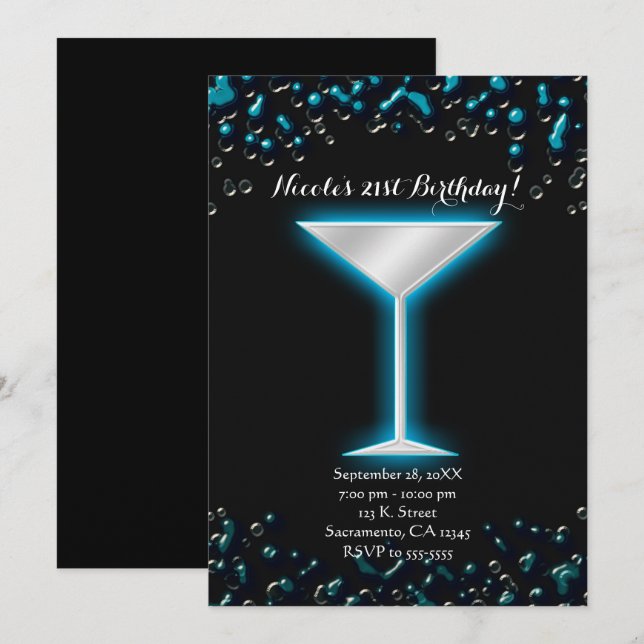 Invitation Boisson de cocktail martini électrique bleu lumine (Devant / Derrière)