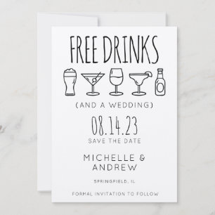 Invitation Boissons gratuites et mariage Enregistrer la date