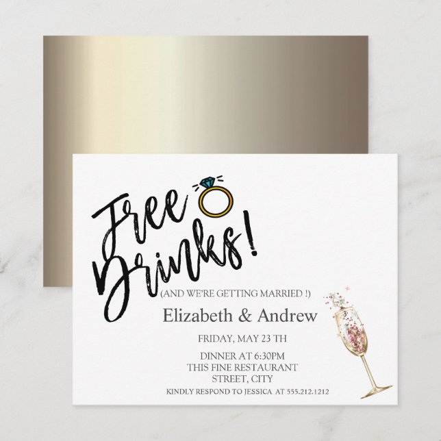 Invitation Boissons gratuites, Mariage en verre de champagne (Devant / Derrière)