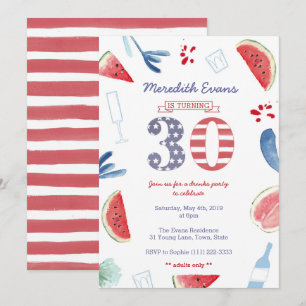 Invitation Boissons Rouge Blanc Bleu Fête pour 30e Anniversai