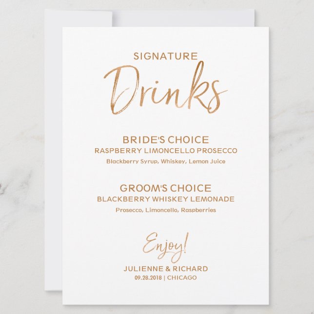 Invitation Boissons Signature | Lettres de Rose Dorée Élégant (Devant)