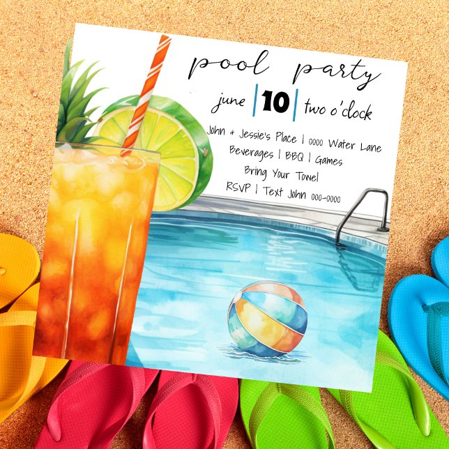 Invitation Boissons tropicales et fête de la piscine (Tropical drink vibes pool party invitation with beach ball and poolside scene- customizable. )