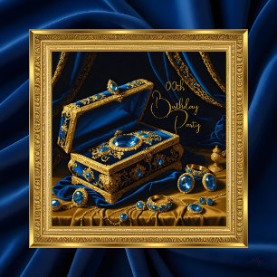 Invitation Boîte à bijoux bleue avec cadre doré pour annivers