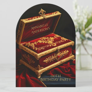 Invitation Boîte à bijoux rouge or vintage pour fête d'annive