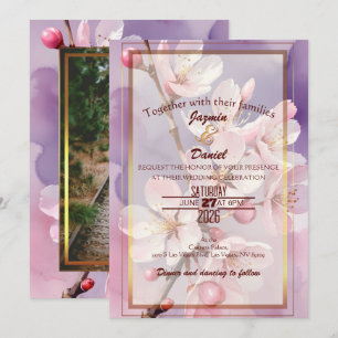 Invitation Boîte photo Cerisiers roses / Lavande