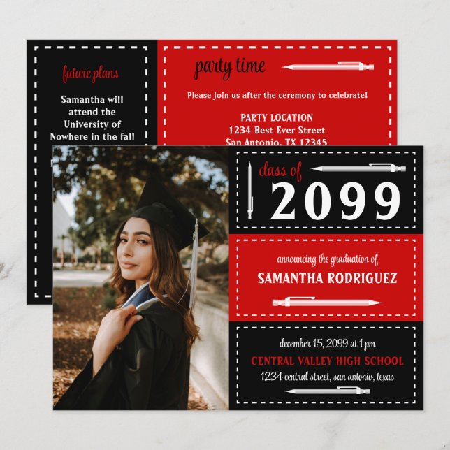 Invitation Boîtes et crayons à pointes rouge et noir (Devant / Derrière)