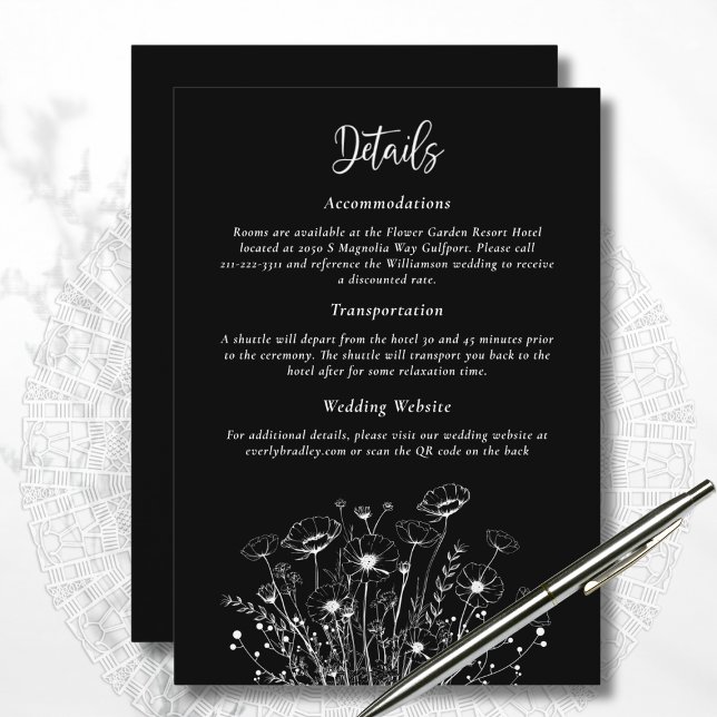 Invitation Boîtier de détails floral noir blanc élégant Scrip (Créateur téléchargé)