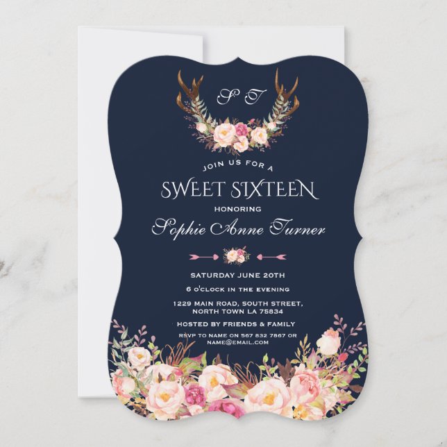 Invitation Boîtiers floraux roses bleu foncé bleu doux 16 (Devant)