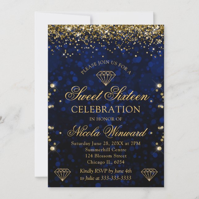 Invitation Bokeh bleu foncé & Parties scintillant or doux 16 (Devant)